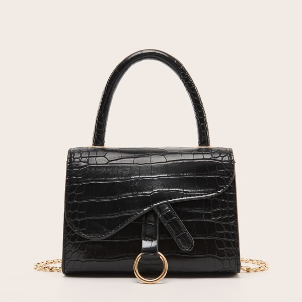 

Croc Embossed Flap Satchel Bag, Black