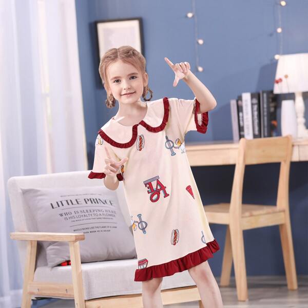 

Toddler Girls Cartoon Print Ruffle Trim Dress, Apricot