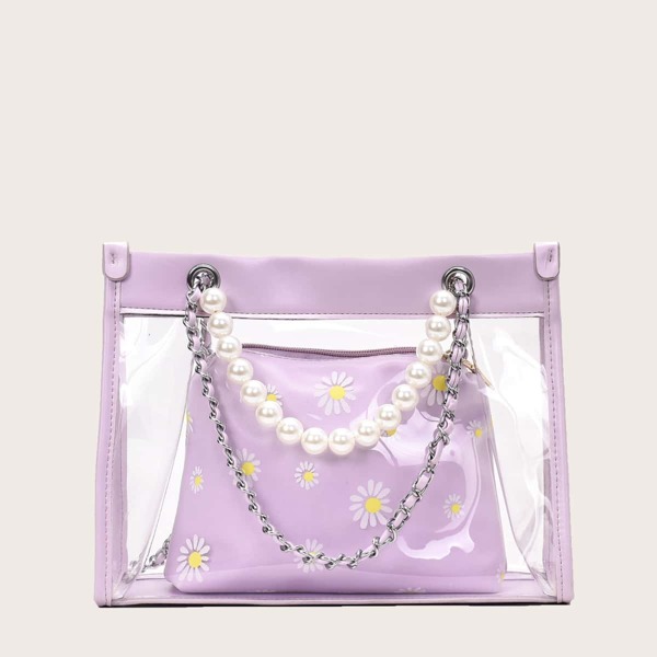 

Clear Tote Bag With Daisy Floral Graphic Inner Pouch, Purple