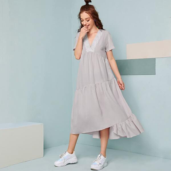 

Contrast Lace Ruffle Hem Smock Dress, Light grey
