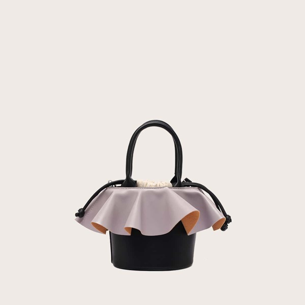 

Ruffle Trim Drawstring Decor Bucket Bag, Black