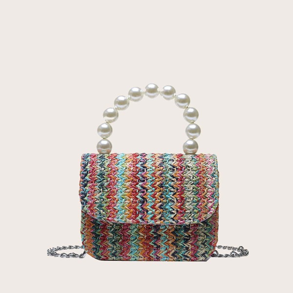 

Faux Pearl Decor Braided Satchel Bag, Multicolor