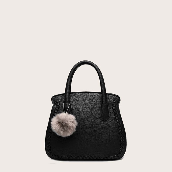 

Pom Pom Decor Minimalist Satchel Bag, Black