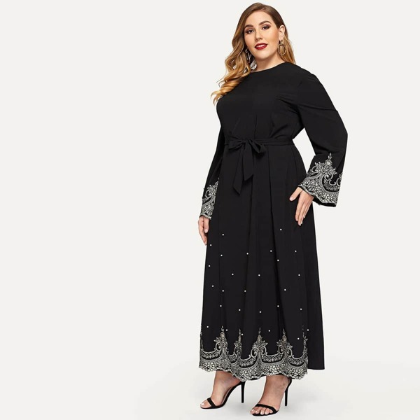 

Plus Beaded Belted Chiffon Dress, Black