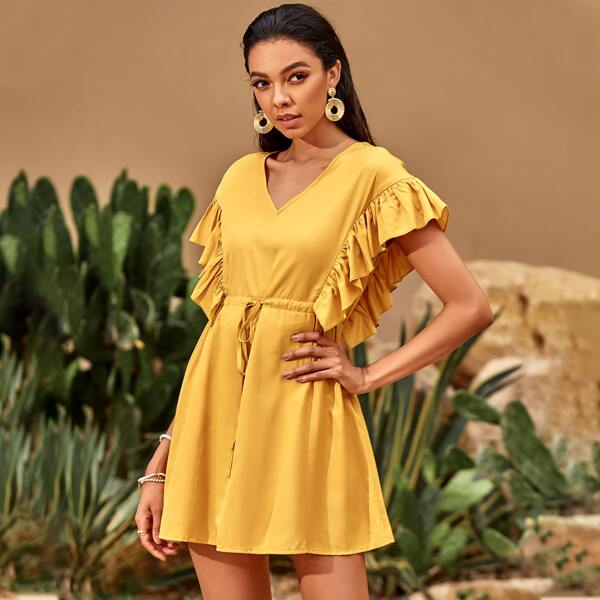 

Flounce Sleeve Drawstring Waist A-line Dress, Yellow