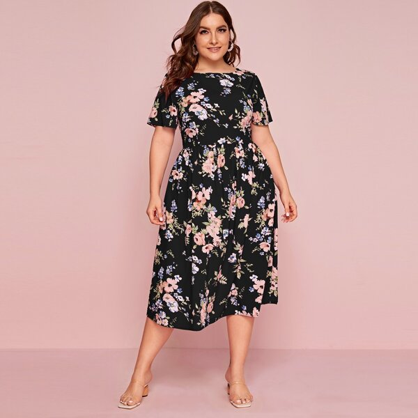 

Plus Floral Print A-line Dress, Black