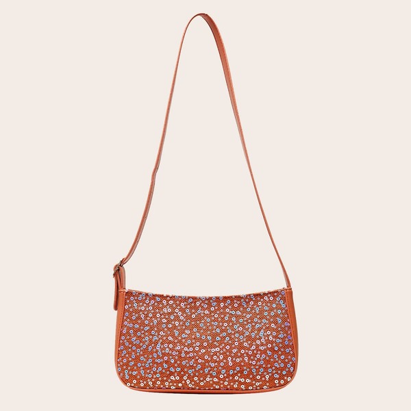 

Sequin Decor Baguette Bag, Coral orange