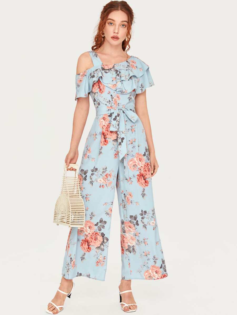 SHEIN Clasi Jumpsuit rosa con estampado floral con fruncido con cinturón - Celeste - Ver 1