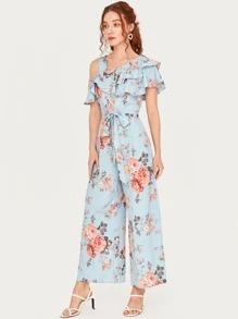 SHEIN Clasi Jumpsuit rosa con estampado floral con fruncido con cinturón - Celeste - Ver 3