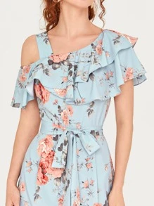 SHEIN Clasi Jumpsuit rosa con estampado floral con fruncido con cinturón - Celeste - Ver 5