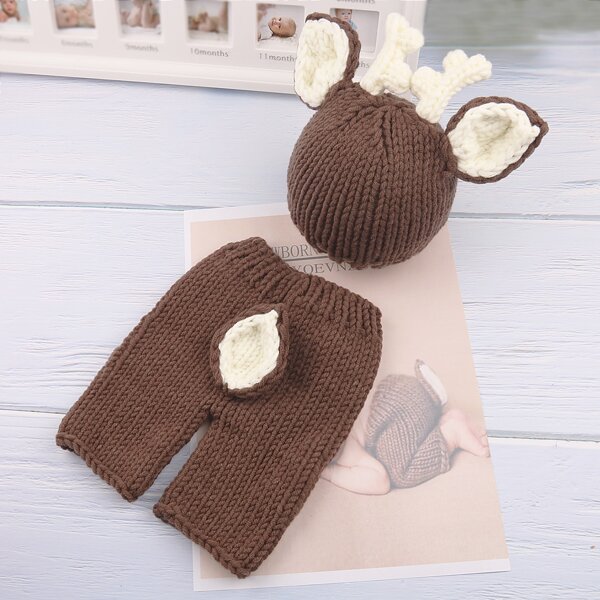 

Newborn Boy Sweater Pants With 3D Patch Hat Photo Outfit, Coffee brown