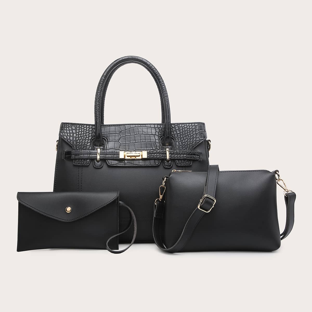 

3pcs Croc Embossed Satchel Bag With Crossbody Bag, Black