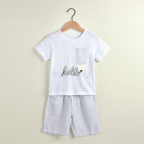 

Toddler Boys Letter And Pencil Print Tee & Striped Shorts, White