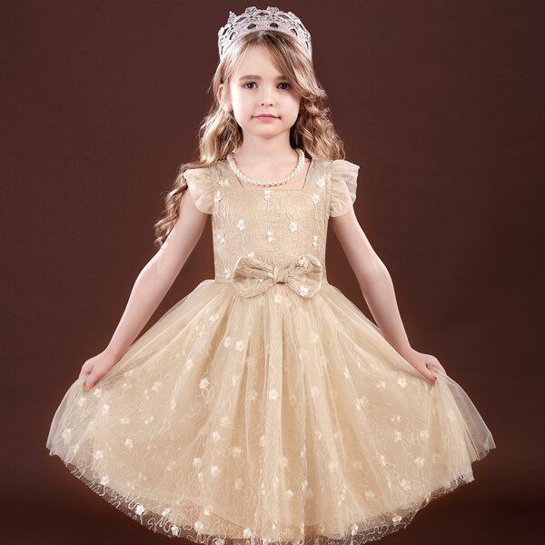 

Toddler Girls Embroidery Mesh Ruffle Trim Party Dress, Champagne