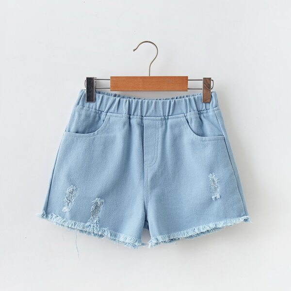 

Girls Solid Ripped Raw Hem Denim Shorts, Light wash