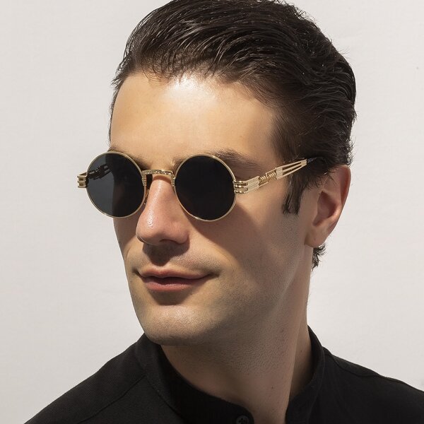 

Men Round Metal Frame Sunglasses, Black