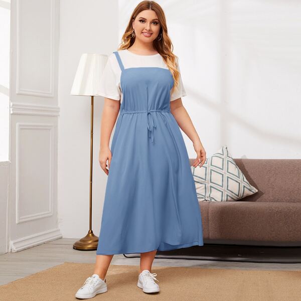 

Plus 2 In 1 Color-block Drawstring Waist Dress, Dusty blue