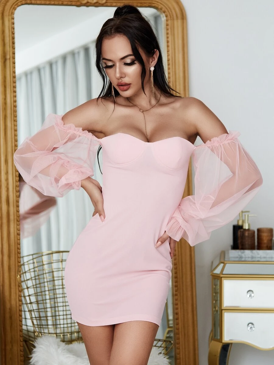Eilly Bazar Sheer Mesh Bishop Sleeve Bustier Bardot Dress - Baby Pink - View 1
