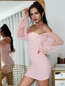 Eilly Bazar Sheer Mesh Bishop Sleeve Bustier Bardot Dress - Baby Pink - View 5