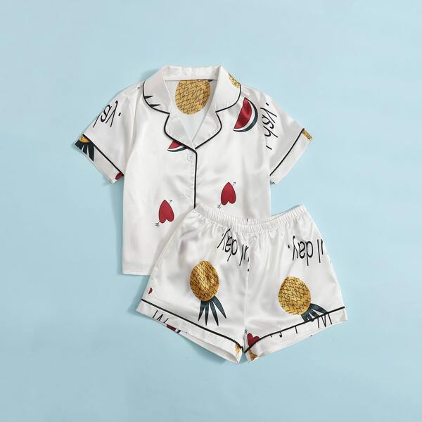 

Girls Pineapple & Heart Print Satin PJ Set, White