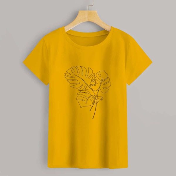 

Leaf Print Round Neck Tee, Mustard yellow
