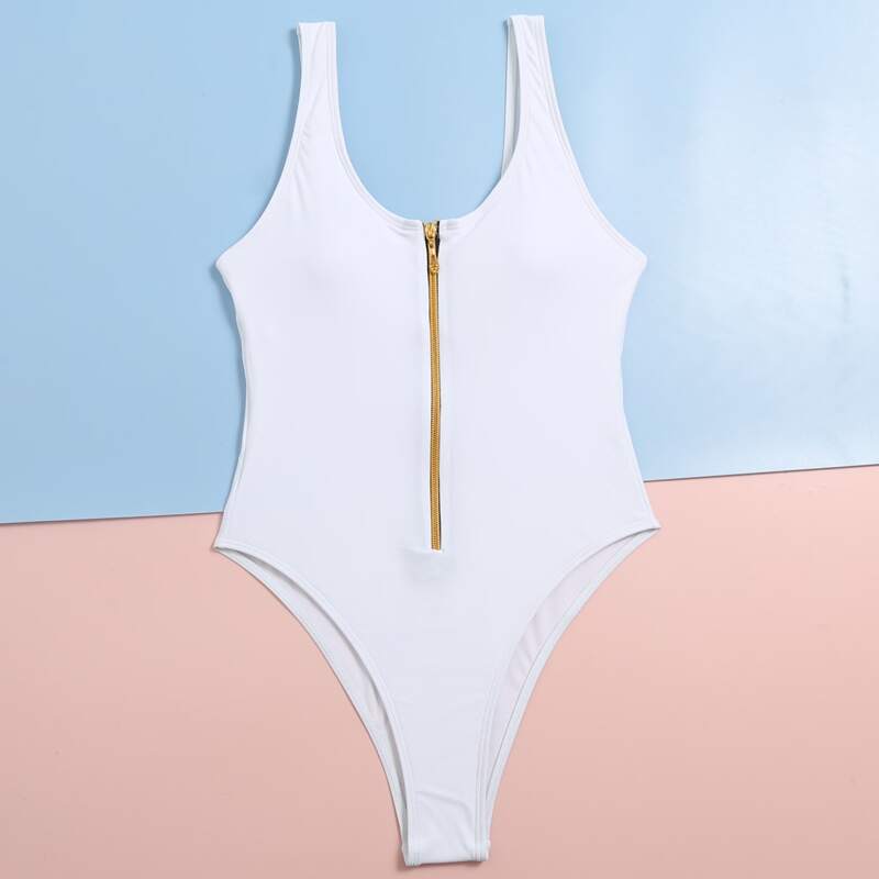 

Zip Front One Piece Tank Swimsuit, White