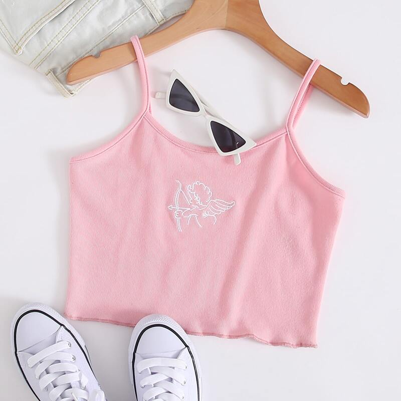 

Angel Embroidery Crop Cami, Pink
