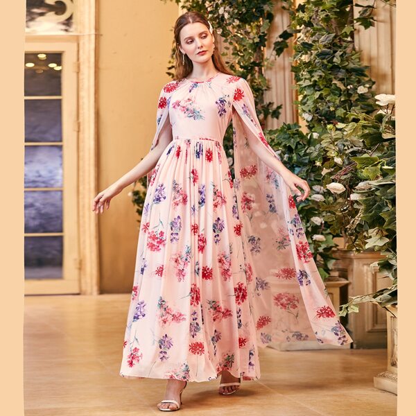 

Floral Cloak Sleeve Maxi A-line Dress, Baby pink