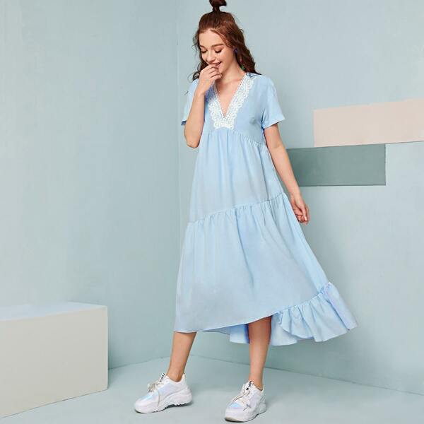 

Contrast Lace Ruffle Hem Smock Dress, Baby blue