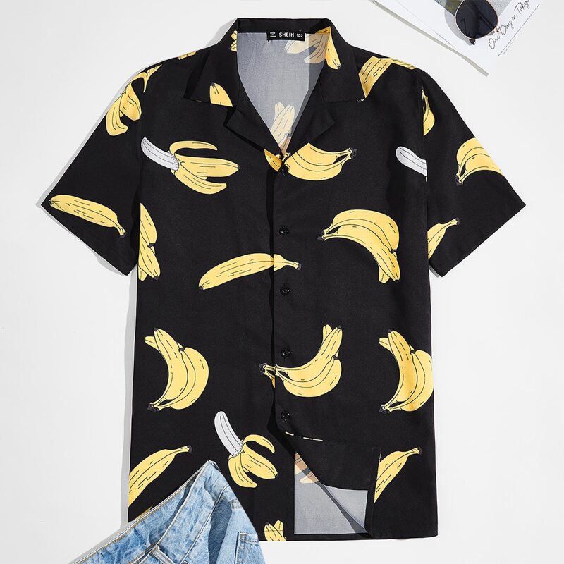 

Guys Banana Print Revere Collar Shirt, Black