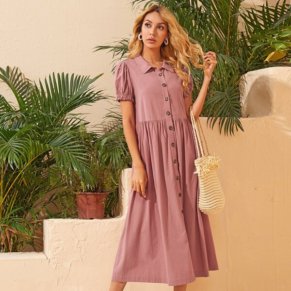 

Button Front Puff Sleeve Shirt Dress, Dusty pink