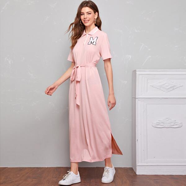 

Patched Detail Split Hem Belted Polo Dress, Baby pink