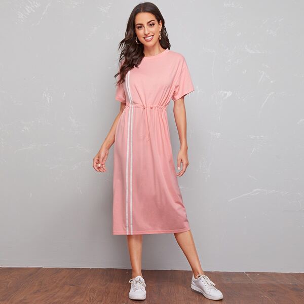 

Striped Tape Front Drawstring Waist Dress, Bright baby pink