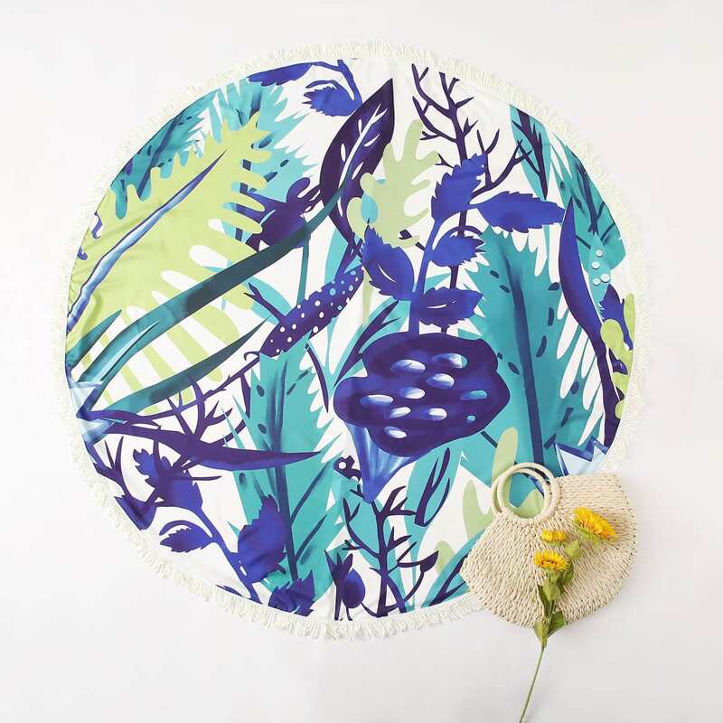 

Plant Print Fringe Trim Beach Blanket, Multicolor