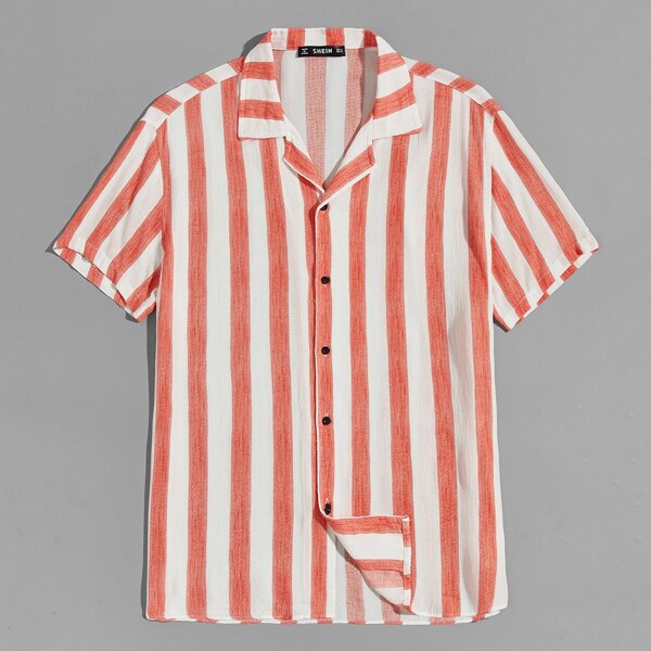 

Men Button Front Striped Shirt, Red and white