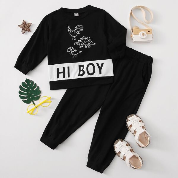 

Toddler Boys Letter And Cartoon Graphic Sweatshirt & Pants, Black
