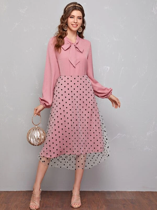 SHEIN Kleid mit Halskragen, Punkten Muster und Netzstoff | aktuelle Trends,  günstig kaufen | SHEIN Deutschland