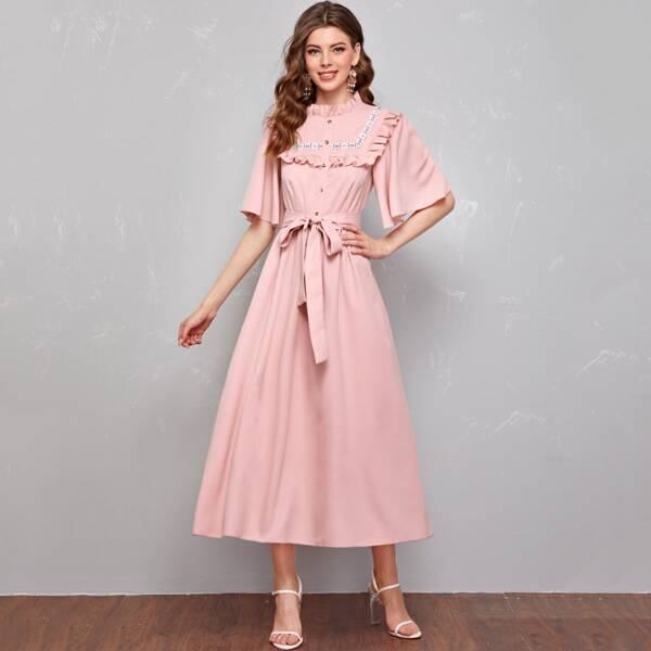 

Butterfly Sleeve Frill Detail Belted Dress, Baby pink
