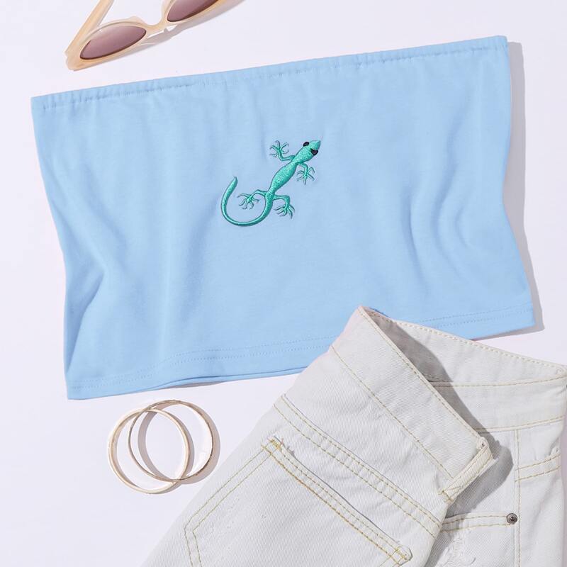 

Gecko Embroidery Tube Top, Baby blue