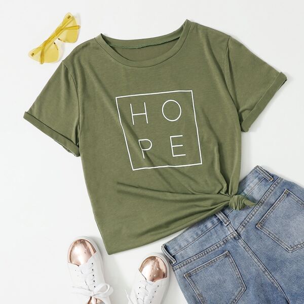 

Letter Graphic Round Neck Tee, Army green