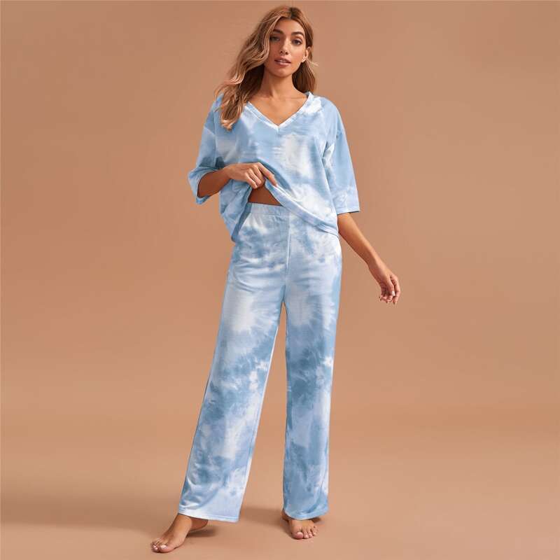 

V-neck Tie Dye Tee With Pants Lounge Set, Dusty blue