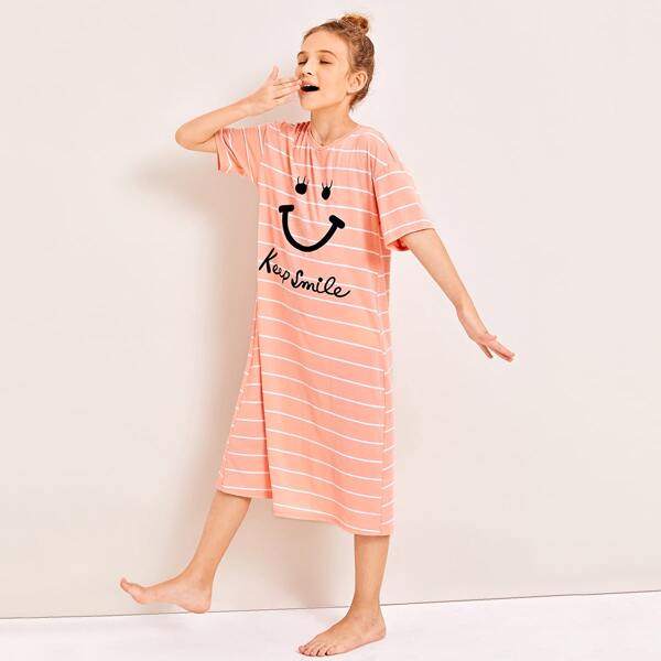 

Girls Drop Shoulder Smile Print Striped Night Dress, Coral pink