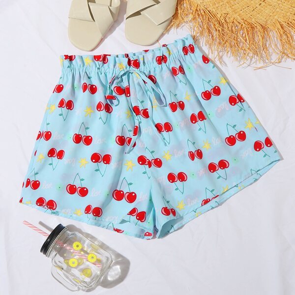 

Paperbag Waist Tie Front Cherry Print Shorts, Baby blue
