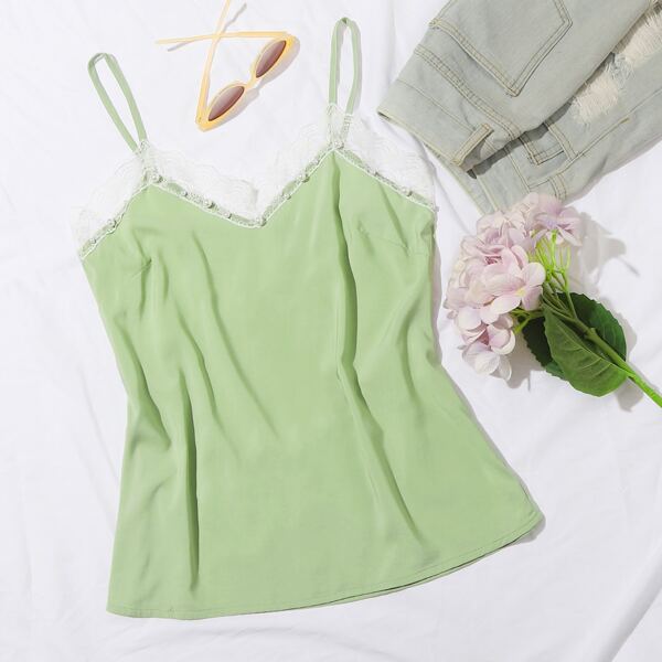 

Lace Trim Pearls Beaded Cami Top, Mint green