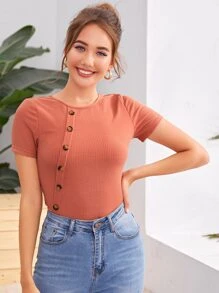 SHEIN Essnce Button Detail Rib-knit Slim Tee - Coral Orange - View 1