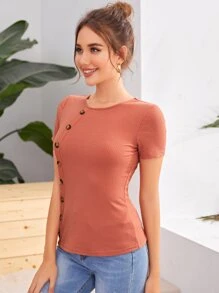 SHEIN Essnce Button Detail Rib-knit Slim Tee - Coral Orange - View 3