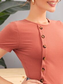 SHEIN Essnce Button Detail Rib-knit Slim Tee - Coral Orange - View 5