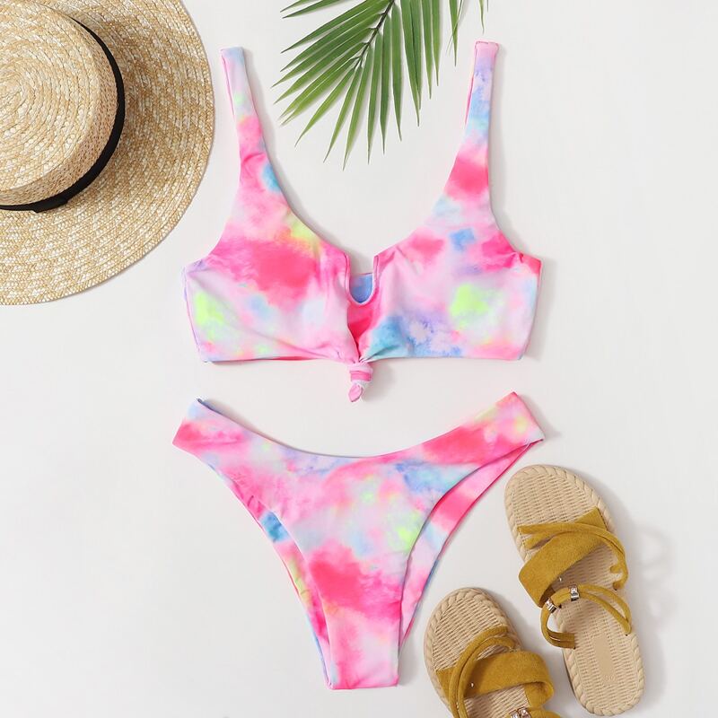 

Knot Front Tie Dye Bikini Swimsuit, Multicolor