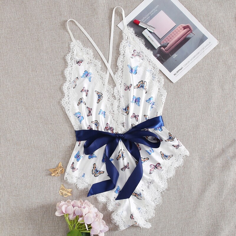 

Butterfly Print Ribbon Tie Teddy Bodysuit, White