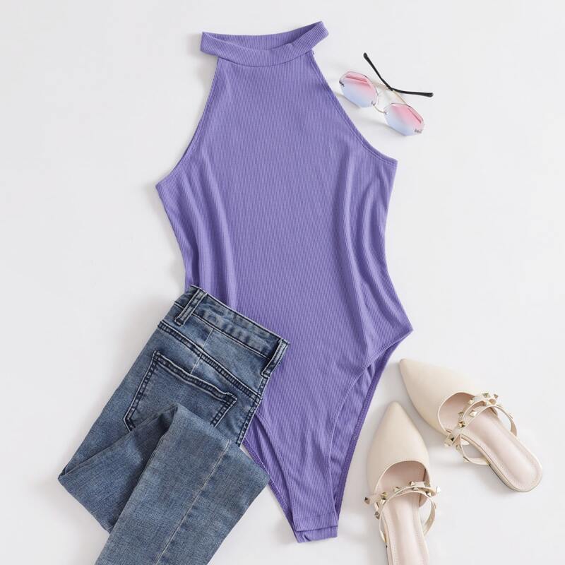 

Solid Rib-knit Halter Bodysuit, Violet purple